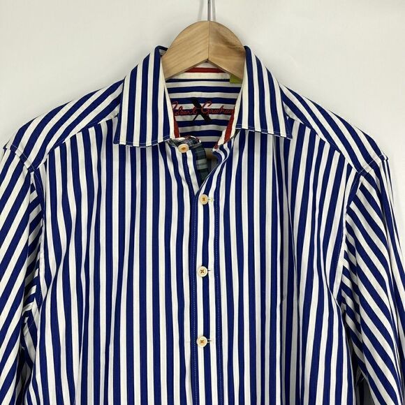 Robert Graham X Shirt Size Medium Mens Blue White Stripe Flip Cuff Tailored Fit - Picture 2 of 8